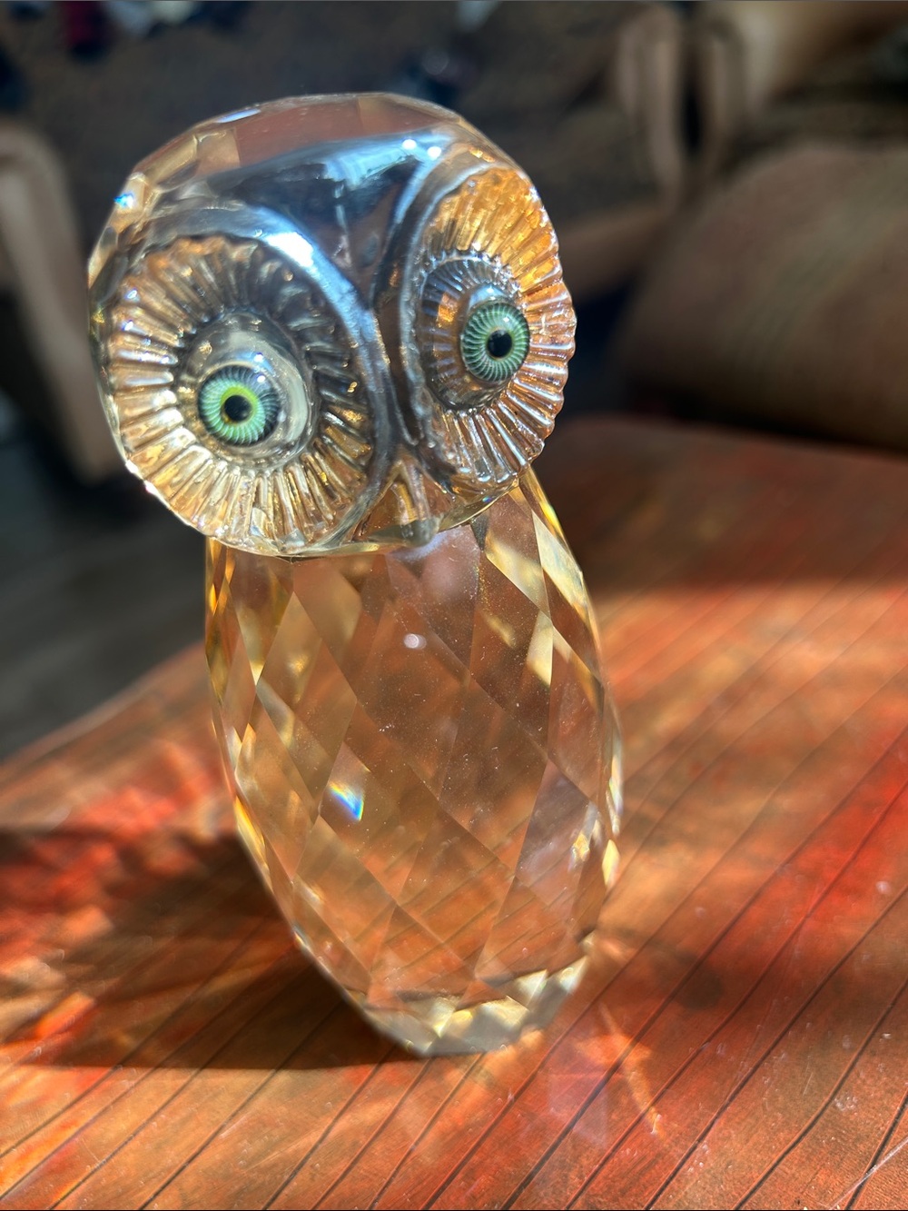 Crystal Owl Figurine with Green Eyes - Home Art 5.5x2.5 Cassini